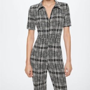 Mango BRAND NEW Short-sleeve black and white tweed jumpsuit